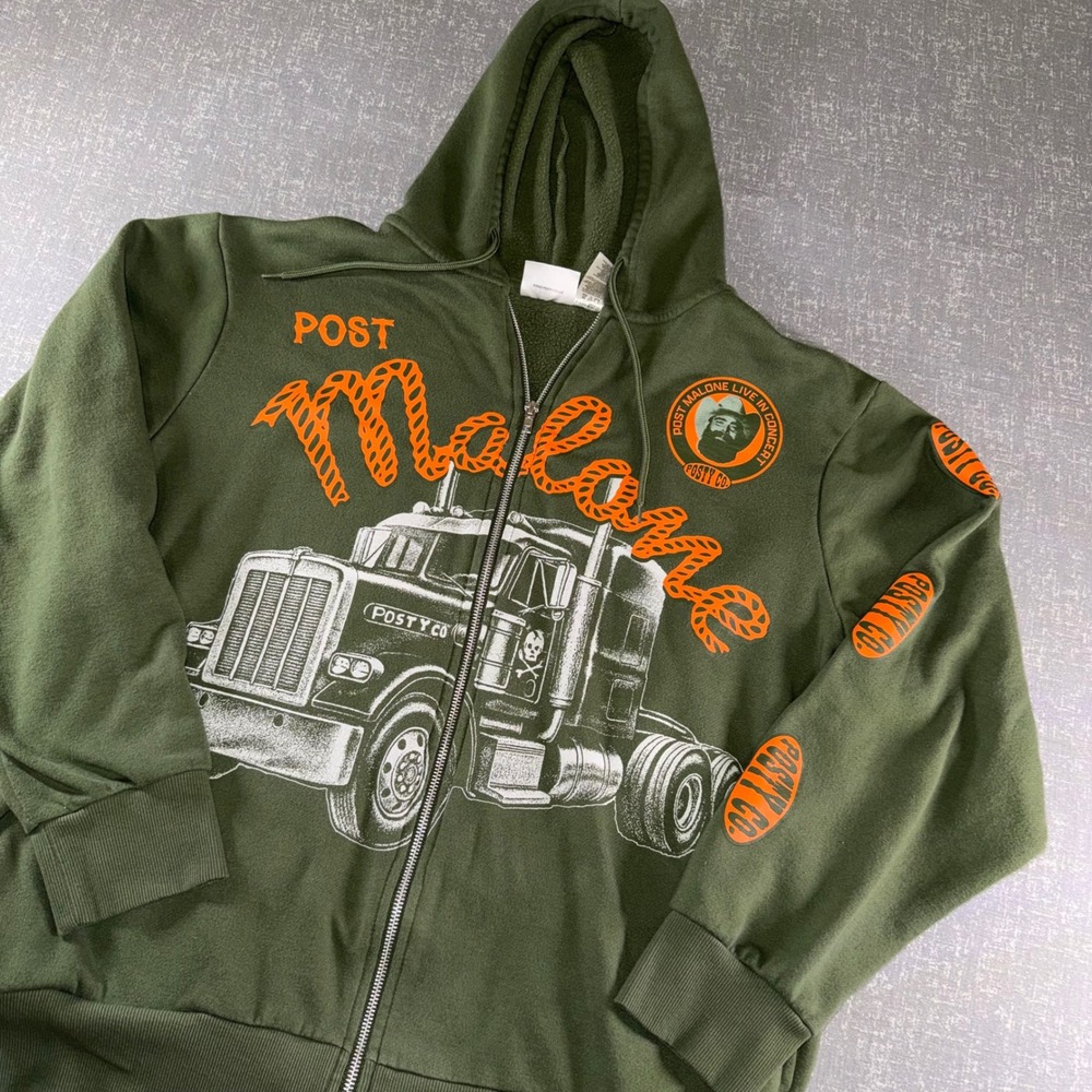 Post Malone Posty Co Zip Hoodie Large Olive Graphic Truck Concert Streetwear